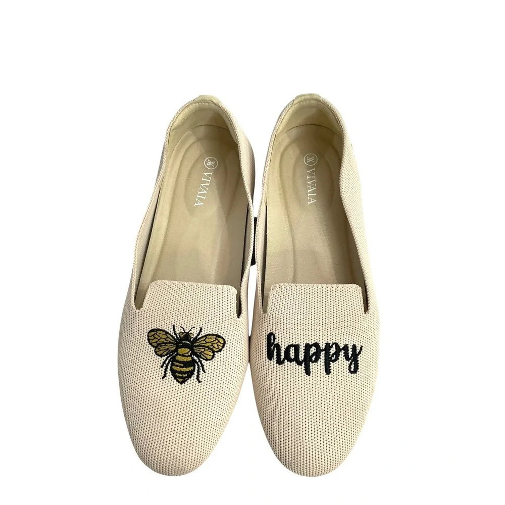 Vivaia Round-Toe Bee Happy Embroidered Loafers flats‎ Size 9 cream ivory